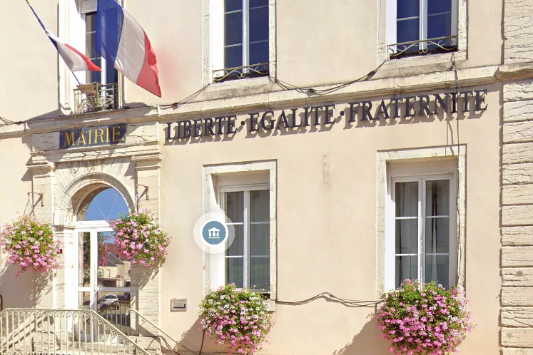 Flower-decked front of a French town hall