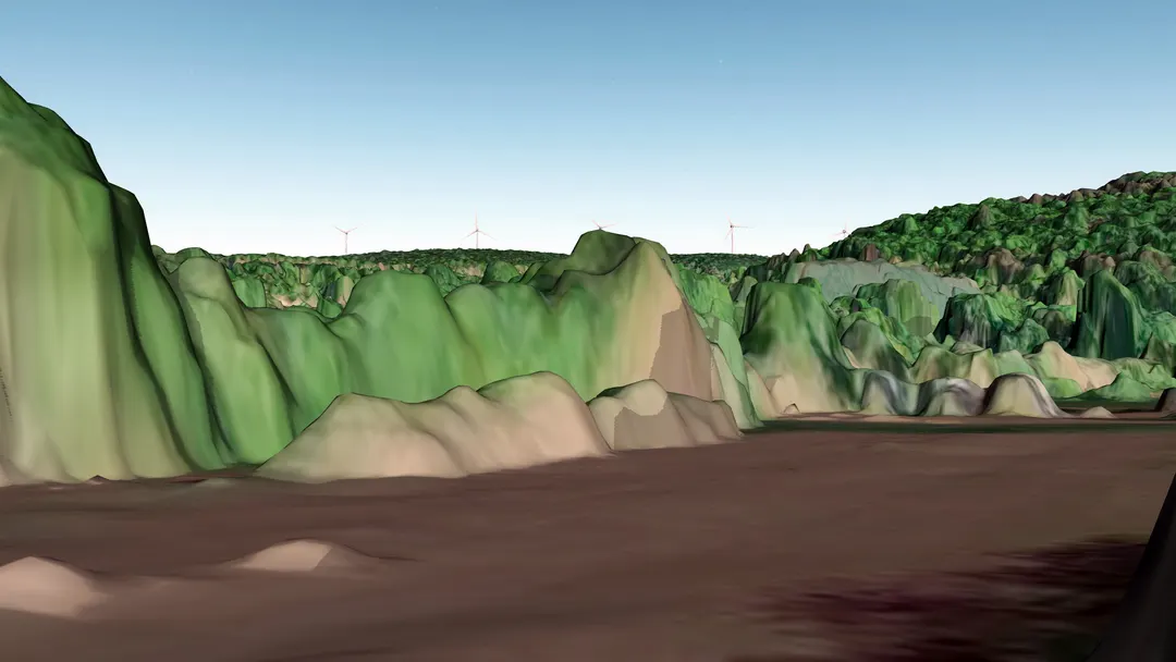The same landscape shown in the 3D digital surface model and in a photograph — 3D MNS